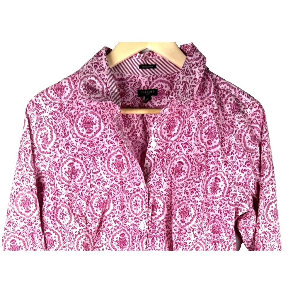 Talbots Printed‎ Cotton Shirt Women's Size 12W Lightweight Button Front Pink
